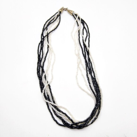 Neutral Seed Bead Torsade Necklace, Black and White Vintage Strands, Multi Stran - Picture 2 of 3